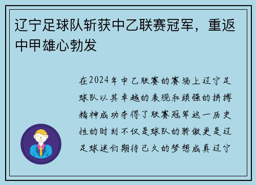 辽宁足球队斩获中乙联赛冠军，重返中甲雄心勃发